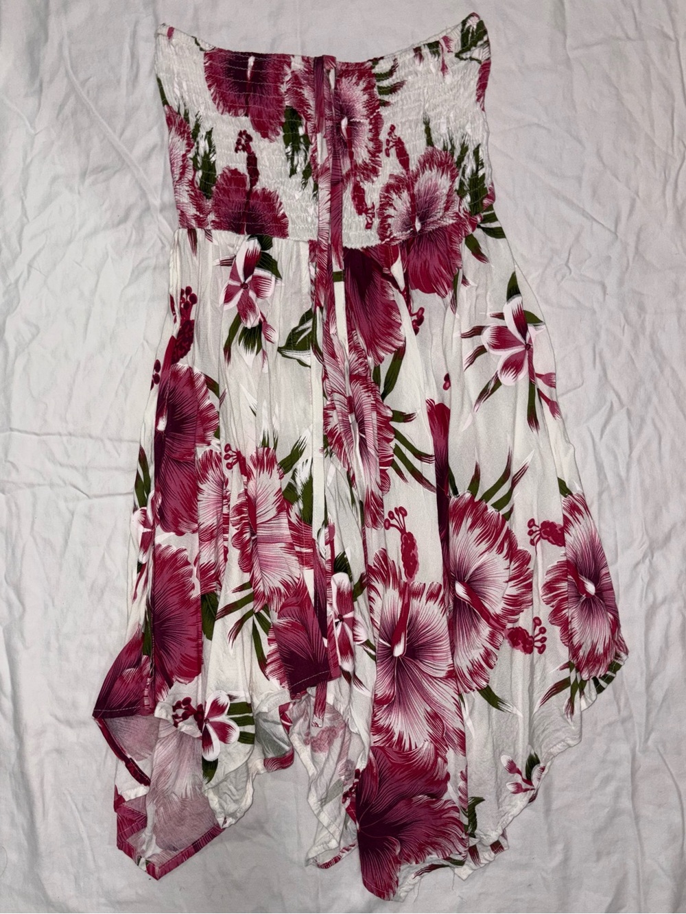 India Boutique White Burgundy Floral Smocked Handkerchief Hem Dress